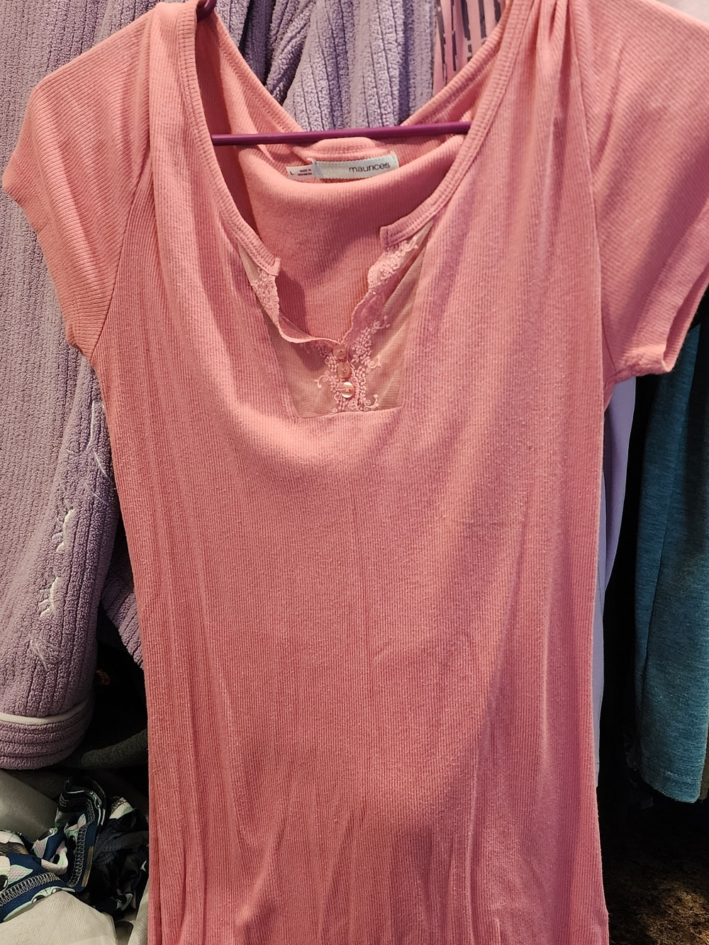 Maurices Dusty Pink Short Sleeve Ribbed Knit Top with Lace V-Notch